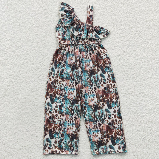 SR0366 Girls turquoise cow print one shoulder summer western jumpsuit