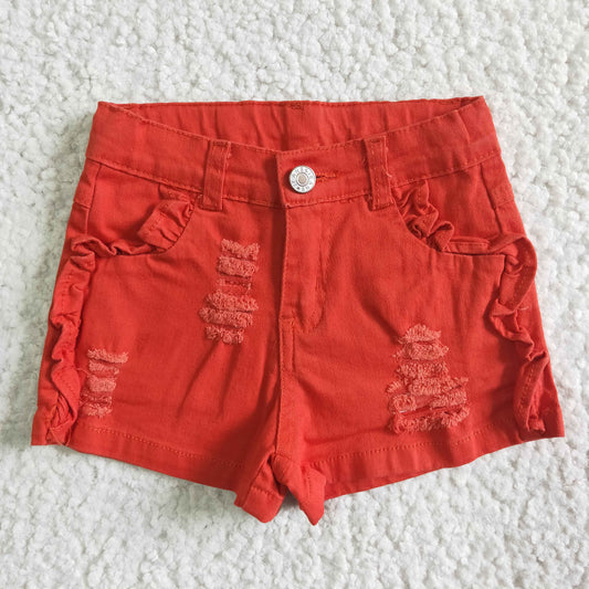 Girls Red Ruffles Elastic Waistband Jeans Summer Denim shorts    SS0010