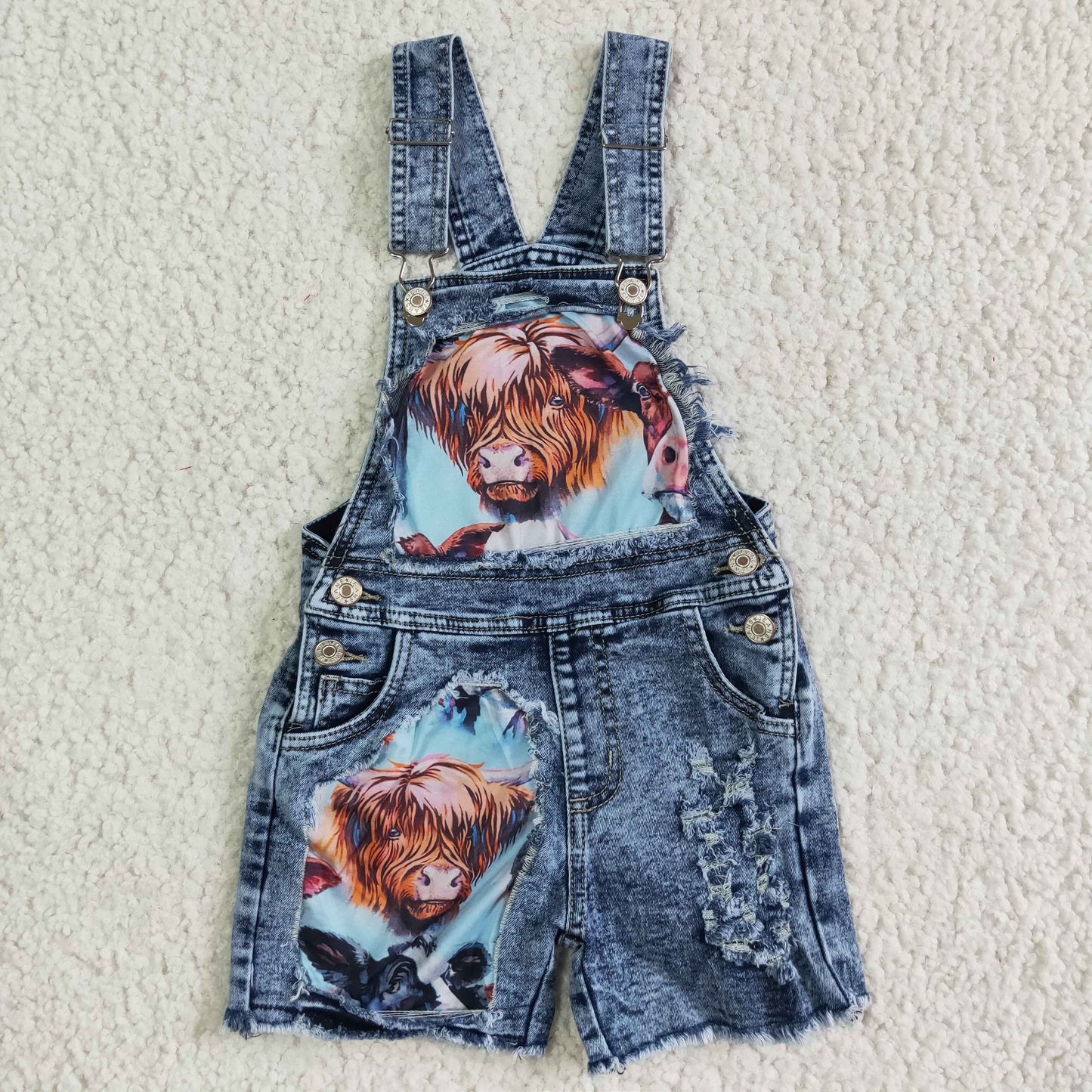 Baby girls highland cow suspender denim overall shorts jumpsuit SS0023