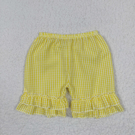 Girls yellow plaid ruffles seersucker summer shorts SS0065