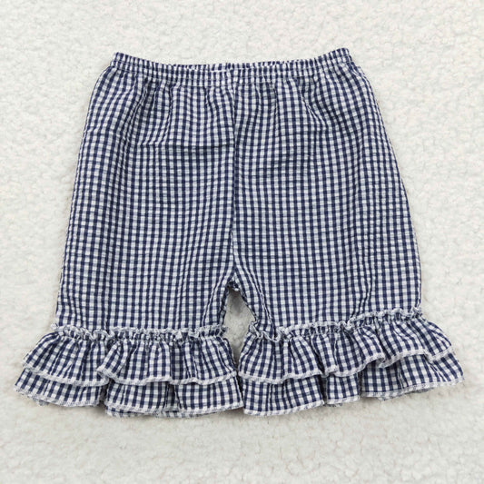 Girls navy plaid ruffles seersucker summer shorts SS0068