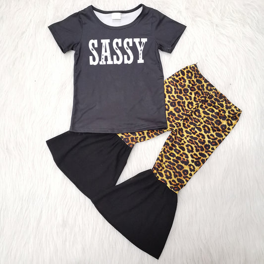 (Promotion) Short sleeve black SASSY top leopard bell bottom pants outfits A17-22