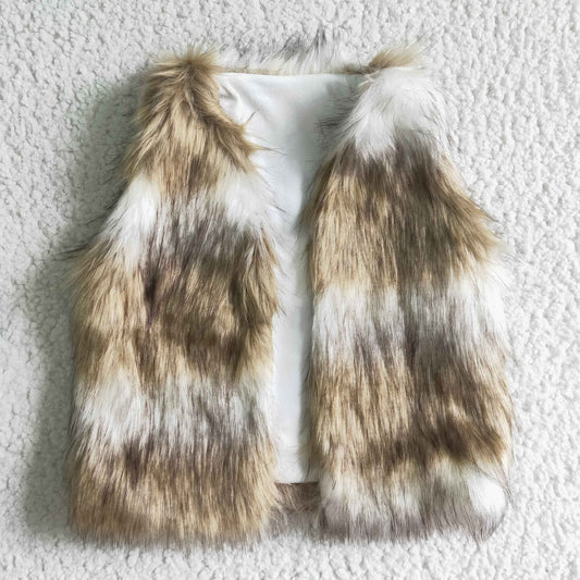 Girls white and Khaki winter faux fur vest    VE0001