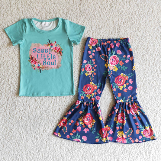 (Promotion)Sassy short sleeve floral print bell bottom pants outfits   C11-4