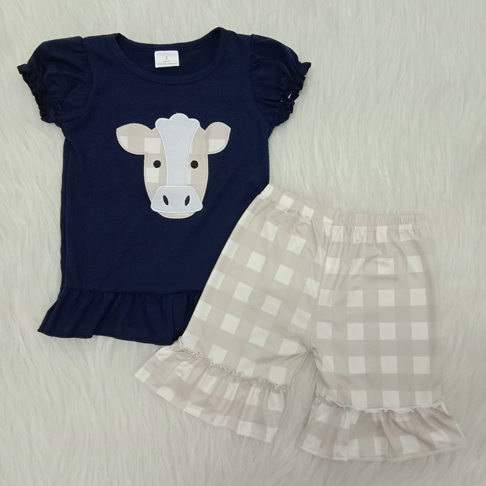 Navy cotton cow embroidery shirt plaid shorts girls clothing A4-14