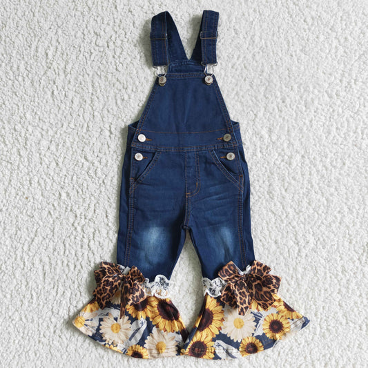 Baby girls suspender denim overall sunflower jumpsuit  P0028
