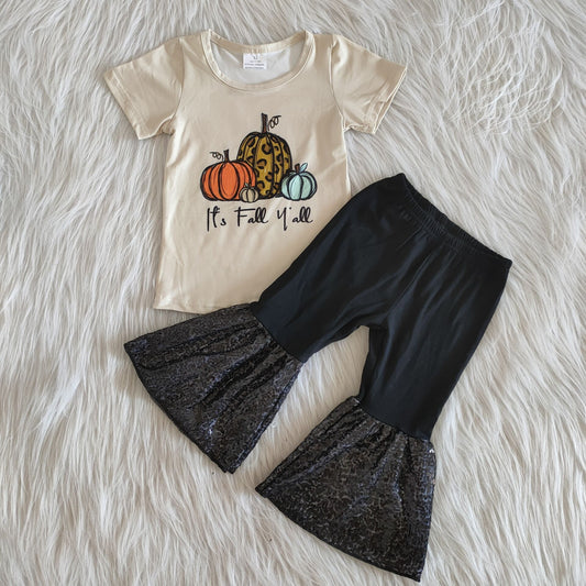 (Promotion)It's fall y'all bell sequin ruffle pants pumpkin outfits    	 A0-11